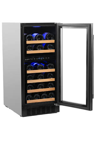angled front view of the fully stocked fridge with the glass door open