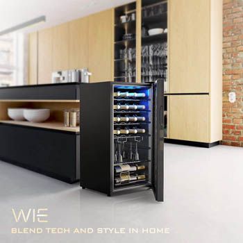 photo of a modern kitchen with the WIE 28-bottle wine fridge placed freestanding next to a kitchen counter