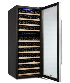 front view of the Kalamera 73 bottle wine cooler with the glass door open